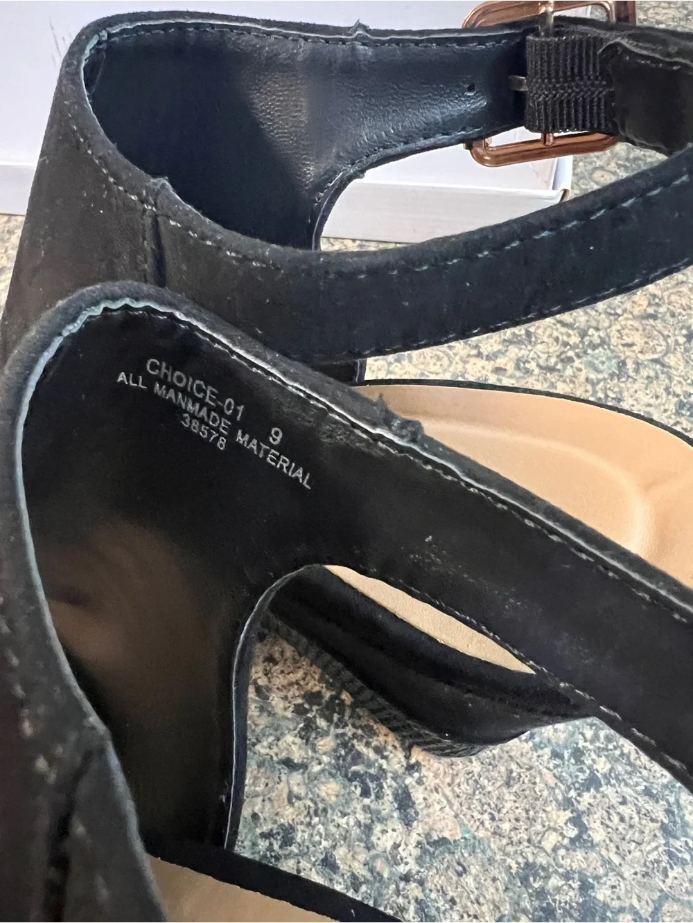 BAMBOO Black Suede Peep-Toe Wedge Sandals with Gold Buckle